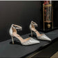 Comemore 2025 White Wedding Bridesmaid Shoes Satin Fashion Rhinestone Fringe Chain High Heels Black Temperament Elegance Pumps