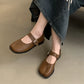 SUOJIALUN Autumn Women Flat Shoes Fashion Split Toe Flat Heel Laofer Shoes Shallow Soft Leather Casual Outdoor Mary Jane Shoes