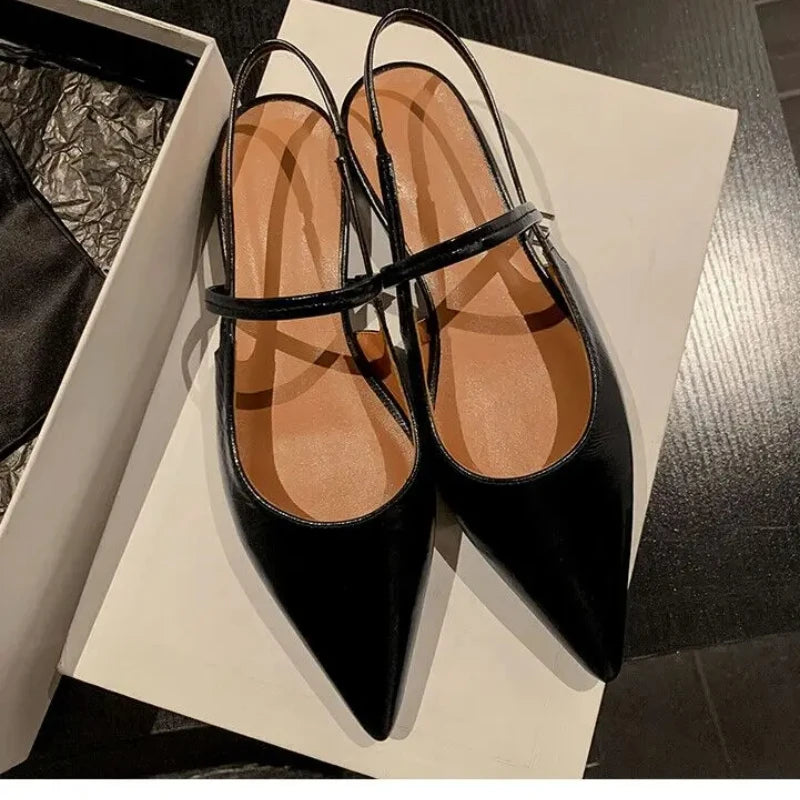 New Women Baotou Patent Leather One Line Buckle Strap Cat Heel Sandals Female Sexy Black Silk Pointed Thin Heel Flat Shoes