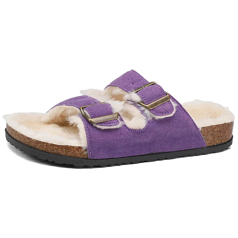 Men Women Plush Fur Slippers with Double Buckle Cork Sandals Winter Supper Warm Home Shoes Barefoot Comfort Footbed Sales
