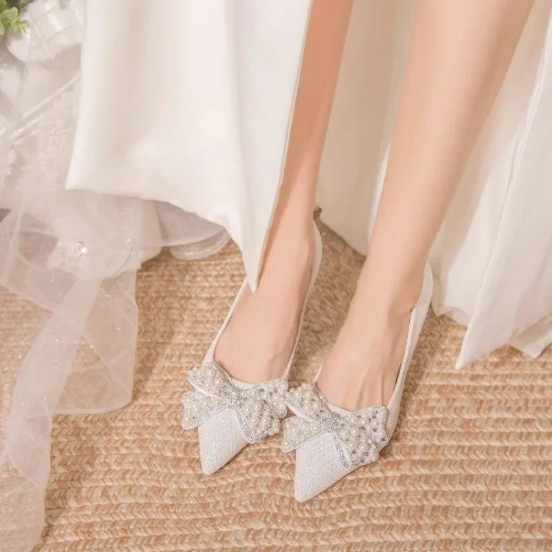 Pumps with Bow on Heeled Wedding Bride Shoe High Heels Shoes for Women Pointed Toe Woman PumpsLoafers Stilito Beau Today Lastest