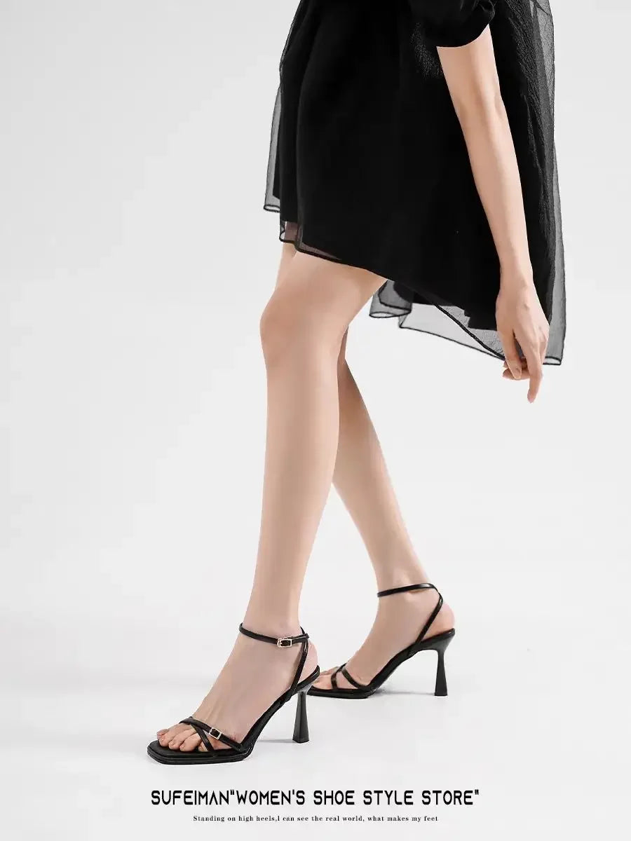 2025 designer women's new fashion letter high heels black super high heels stilettos lace-up sandals for women