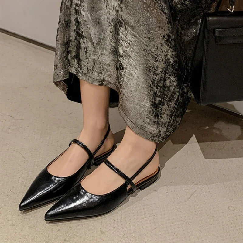 New Women Baotou Patent Leather One Line Buckle Strap Cat Heel Sandals Female Sexy Black Silk Pointed Thin Heel Flat Shoes