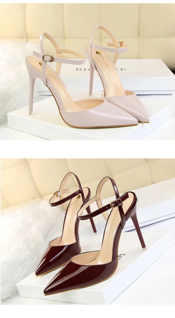 86-1 Style Simple Slim Ultra High Heel Shallow Painted Leather Sexy Nightclub Slimming One-word Strap Women Cool Shoes