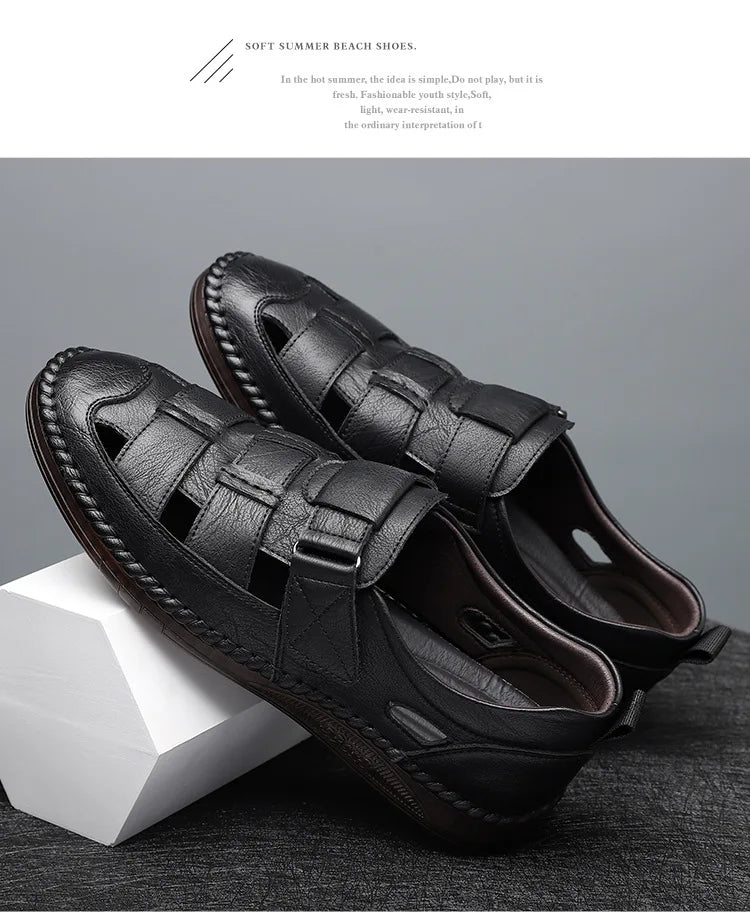 Leather Sandals Baotou 2025 Summer New Genuine Leather Breathable Hollow Porous Shoes Men's Tendon Soft Bottom Middle-Aged Dad S