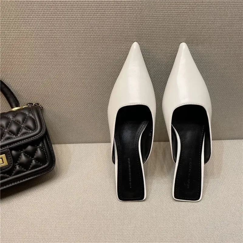 Woman Slippers Pointed Toe Outside Job Sandals Slides Mules Low Heel White Shoes for Women with Comfortable Luxury Korea Style