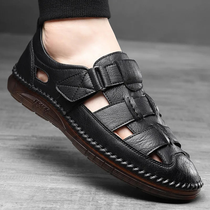 Leather Sandals Baotou 2025 Summer New Genuine Leather Breathable Hollow Porous Shoes Men's Tendon Soft Bottom Middle-Aged Dad S