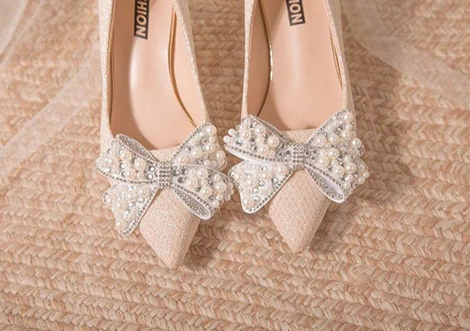Pumps with Bow on Heeled Wedding Bride Shoe High Heels Shoes for Women Pointed Toe Woman PumpsLoafers Stilito Beau Today Lastest