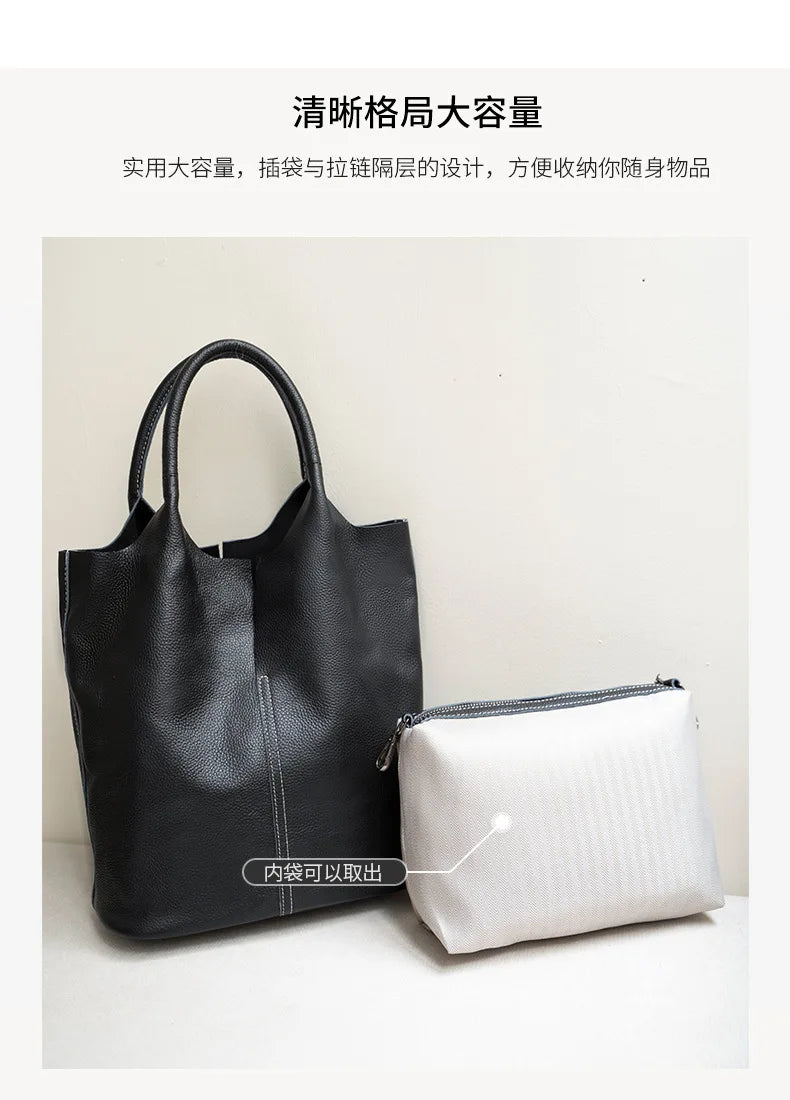 Genuine Leather Commuter Tote Bag Simple Ladies Soft Cowhide Tote Shoulder Handbag Large Capacity Women Bucket Bag 2025 New