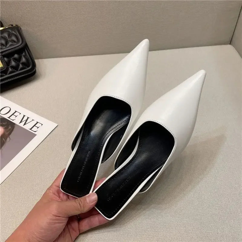 Woman Slippers Pointed Toe Outside Job Sandals Slides Mules Low Heel White Shoes for Women with Comfortable Luxury Korea Style