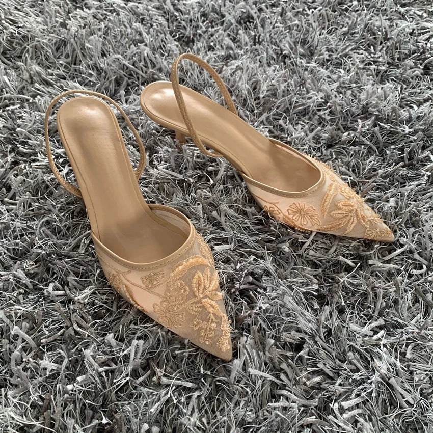 Luxury Brand High Heels Women Sandals Mesh Embroider Elegant Pointed  Evening Party Wedding Bridal Dress Shoes