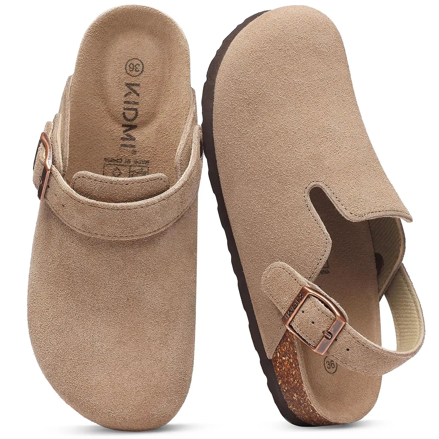 Crestar Women's Suede Clogs with Adjustable Strap Fashion Cork Footbed Genuine Leather Mules Outdoof New Slip on Potato Shoes