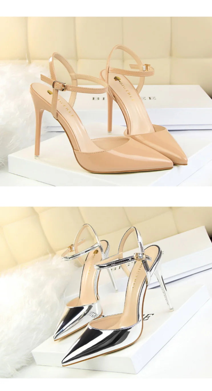 86-1 Style Simple Slim Ultra High Heel Shallow Painted Leather Sexy Nightclub Slimming One-word Strap Women Cool Shoes