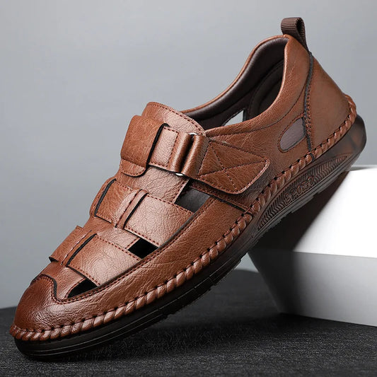Leather Sandals Baotou 2025 Summer New Genuine Leather Breathable Hollow Porous Shoes Men's Tendon Soft Bottom Middle-Aged Dad S