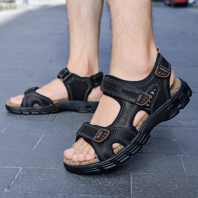 Summer Men's Leather Sandals Outdoor Resort Beach Shoes Soft Rubber Lightweight Hiking Shoes Anti-slip Wear-resistant Flip Flops