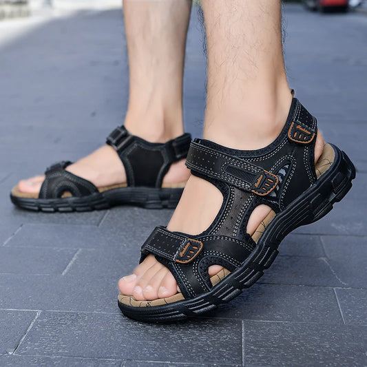 Summer Men's Leather Sandals Outdoor Resort Beach Shoes Soft Rubber Lightweight Hiking Shoes Anti-slip Wear-resistant Flip Flops