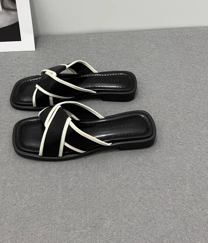 Women's Slippers and Ladies Sandals Open Toe Low Heel Outside on Beach House Black Indoor Home Slides Shoes Off White Word Flat