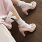 Summer Ladies Platform High Heels Cute Bow Lace Princess Mary Jane Lolita Shoes Blue Purple Party  Dress Pumps Big size 33 43