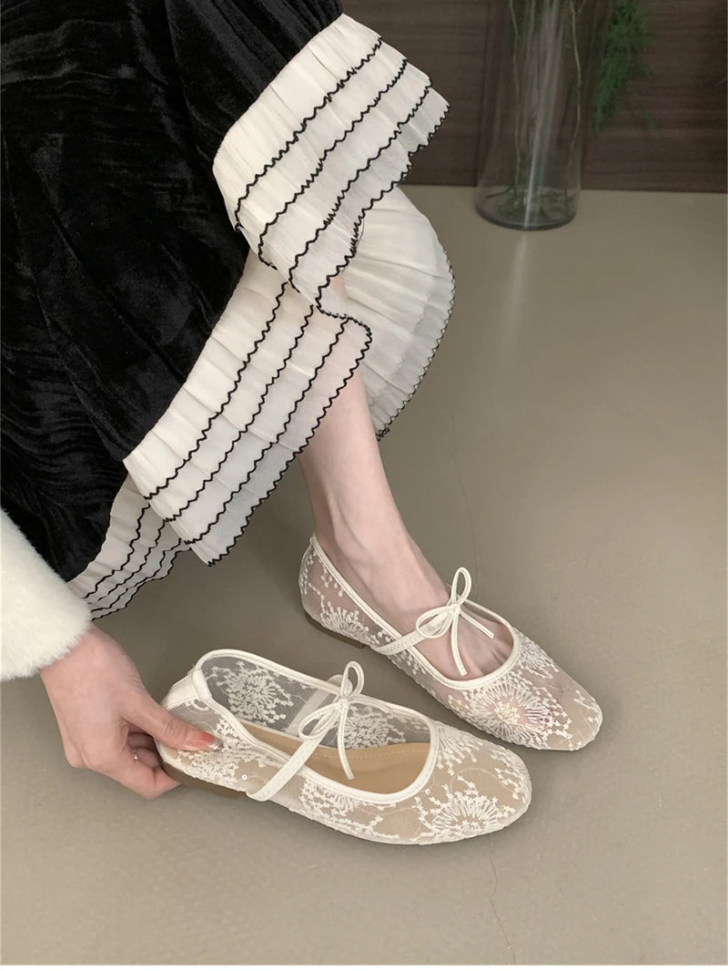 2025 Spring Lace Women Mary Jane Shoes Fashion Slip On Comfort Street Style Soft Sole Female Dress Flats Shoes