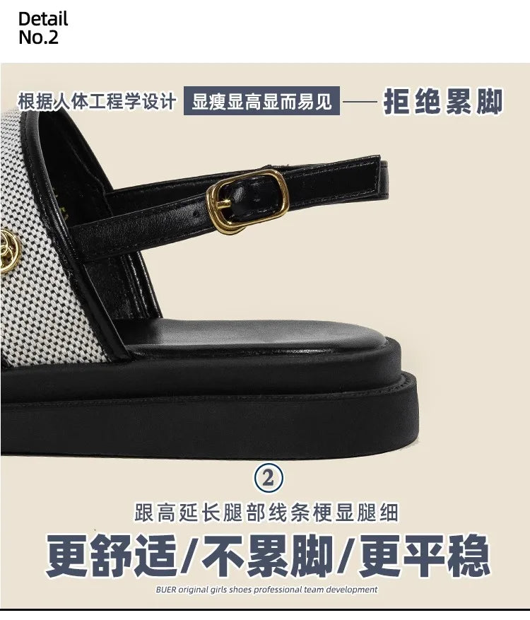 Low Sandals Woman Leather Low-heeled Rome Fabric Slides Rubber Hoof Heels Low Sandals Woman Leather Low-heeled Fabric Rubber Sli