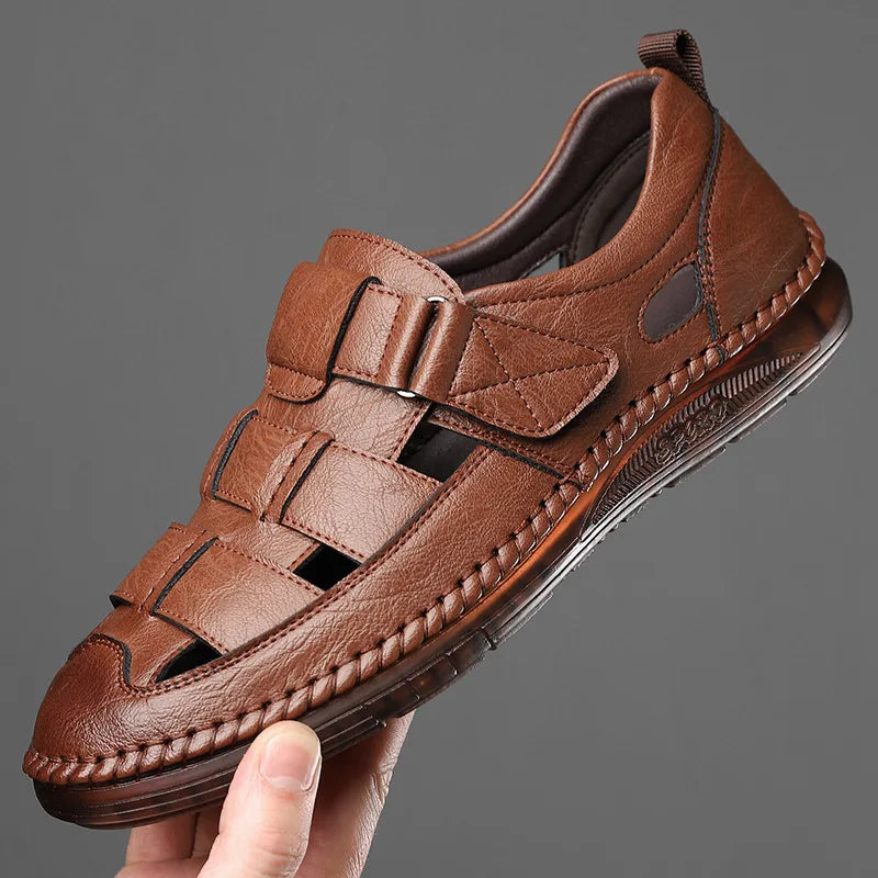 Leather Sandals Baotou 2025 Summer New Genuine Leather Breathable Hollow Porous Shoes Men's Tendon Soft Bottom Middle-Aged Dad S