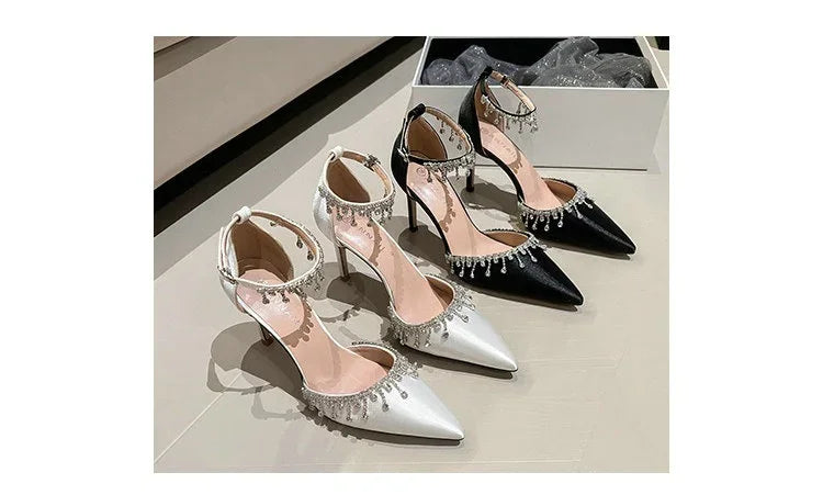 Comemore 2025 White Wedding Bridesmaid Shoes Satin Fashion Rhinestone Fringe Chain High Heels Black Temperament Elegance Pumps