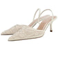 Women's Mesh Floral Embroidered Slingback High Heels Female Open Heel Pearl Studded Pointed Toe Sandals Sexy Stiletto Lady Mules