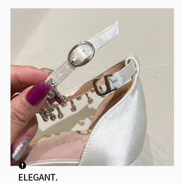 Comemore 2025 White Wedding Bridesmaid Shoes Satin Fashion Rhinestone Fringe Chain High Heels Black Temperament Elegance Pumps