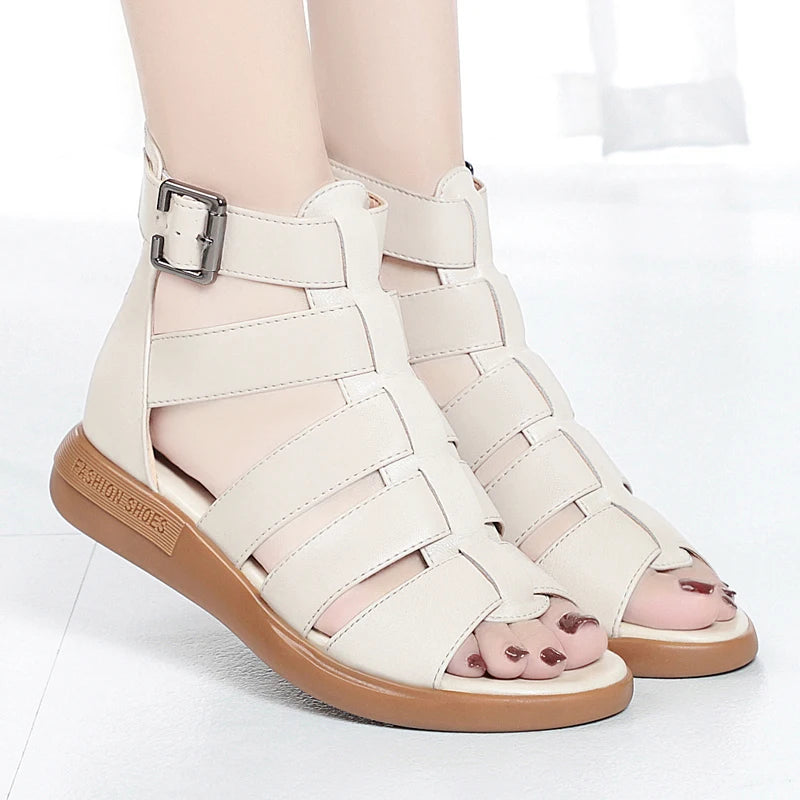 2024 New Women's Tennis Boots Flat Bottom Low Heel Hollow Cool Boots Summer Open Toe Genuine Leather Sandals Flat Shoes