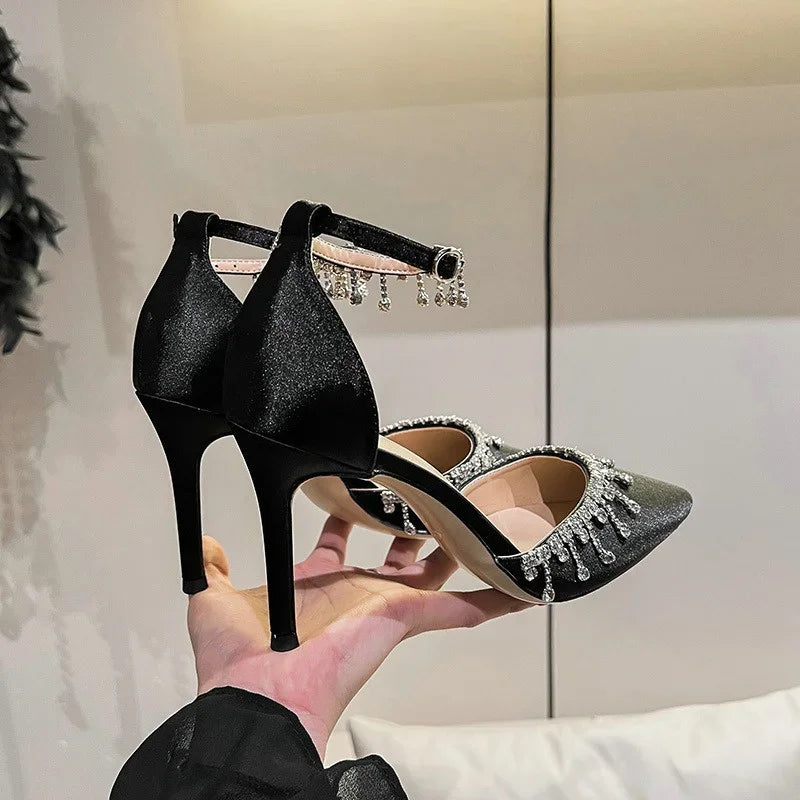 Comemore 2025 White Wedding Bridesmaid Shoes Satin Fashion Rhinestone Fringe Chain High Heels Black Temperament Elegance Pumps