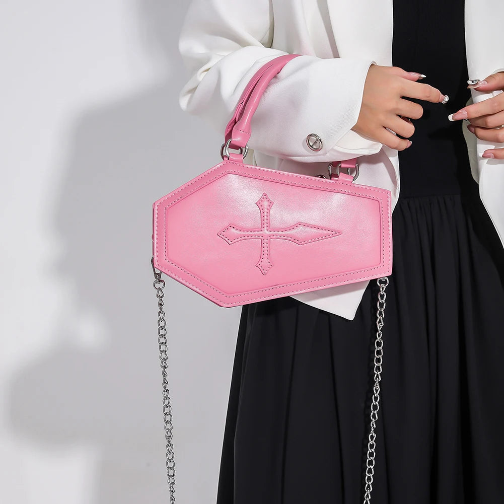 Women's Coffin Shaped Hobo Bag Halloween Chain Crossbody Bag PU Leather Top Handle Bag High Quality Handbags Fashion Sling Purse