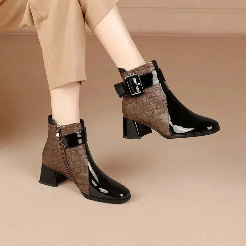 2024 High Quality Ladies Shoes Side Zipper Women's Boots Fashion Color Matching Modern Boots Women New Belt Buckle Ankle Boots