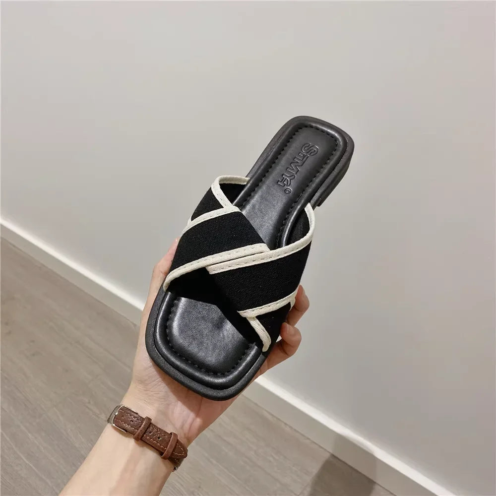 Women's Slippers and Ladies Sandals Open Toe Low Heel Outside on Beach House Black Indoor Home Slides Shoes Off White Word Flat