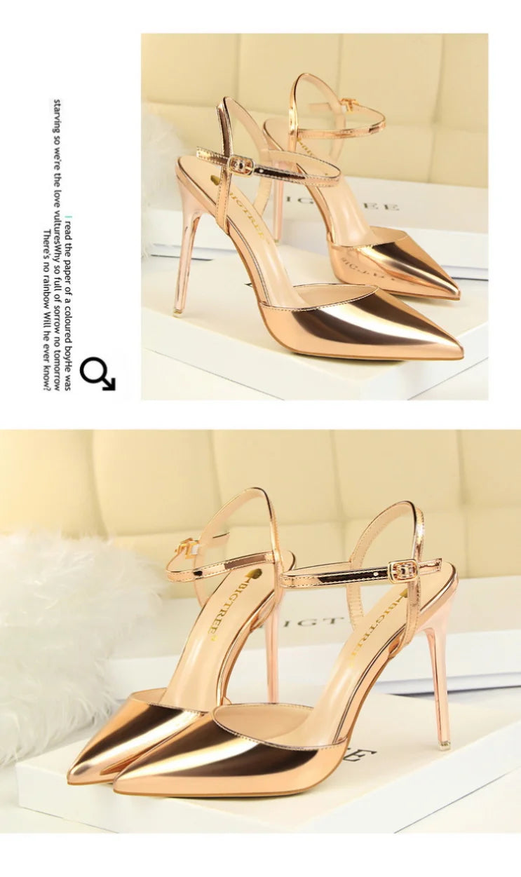 86-1 Style Simple Slim Ultra High Heel Shallow Painted Leather Sexy Nightclub Slimming One-word Strap Women Cool Shoes
