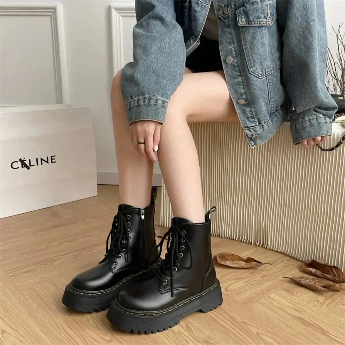 Women Boots Motorcycle Shoes Woman Leather Chelsea Ladie Classic Punk Female Goth Shoes High Platform Boots Women Botas Mujer
