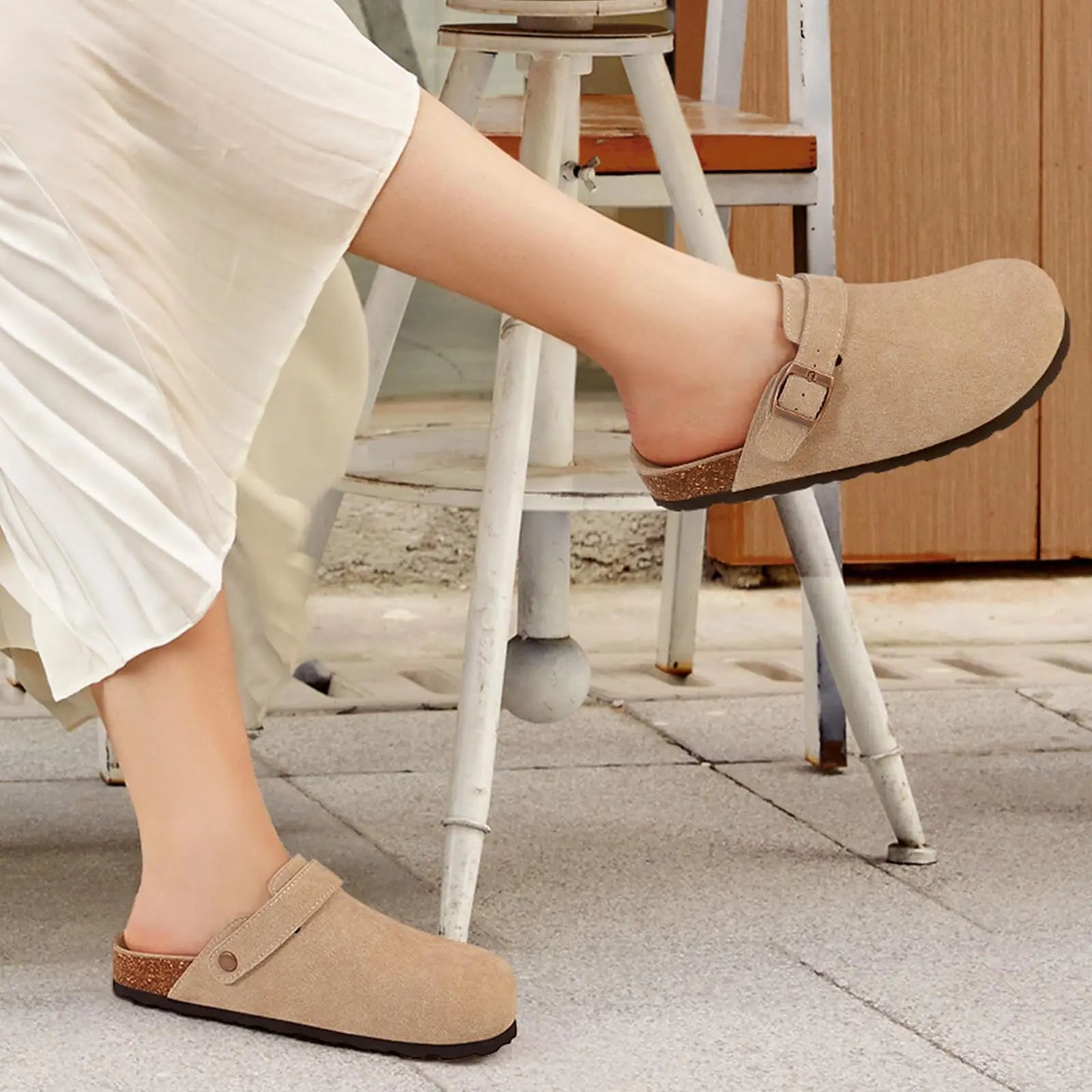 Crestar Women's Suede Clogs with Adjustable Strap Fashion Cork Footbed Genuine Leather Mules Outdoof New Slip on Potato Shoes