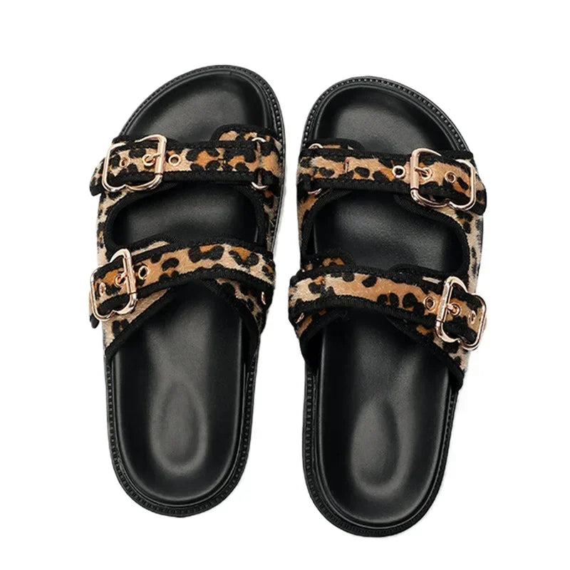 High Quality Leopard Metal Buckle Design Women Slippers Sexy Comfort Non Slip Slide Sandals Summer Size 43 Platform Flip Flops