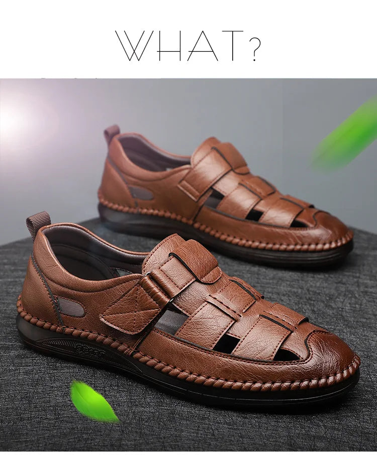 Leather Sandals Baotou 2025 Summer New Genuine Leather Breathable Hollow Porous Shoes Men's Tendon Soft Bottom Middle-Aged Dad S
