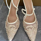 Women's Mesh Floral Embroidered Slingback High Heels Female Open Heel Pearl Studded Pointed Toe Sandals Sexy Stiletto Lady Mules
