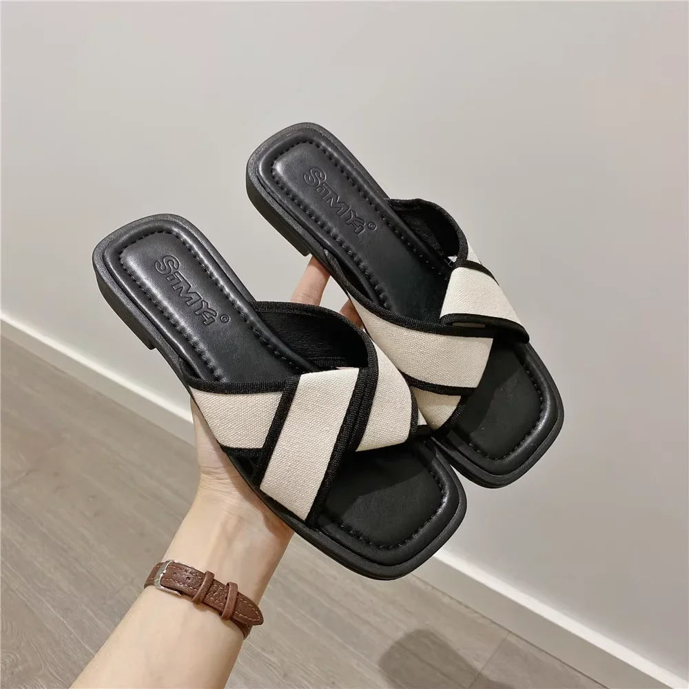 Women's Slippers and Ladies Sandals Open Toe Low Heel Outside on Beach House Black Indoor Home Slides Shoes Off White Word Flat