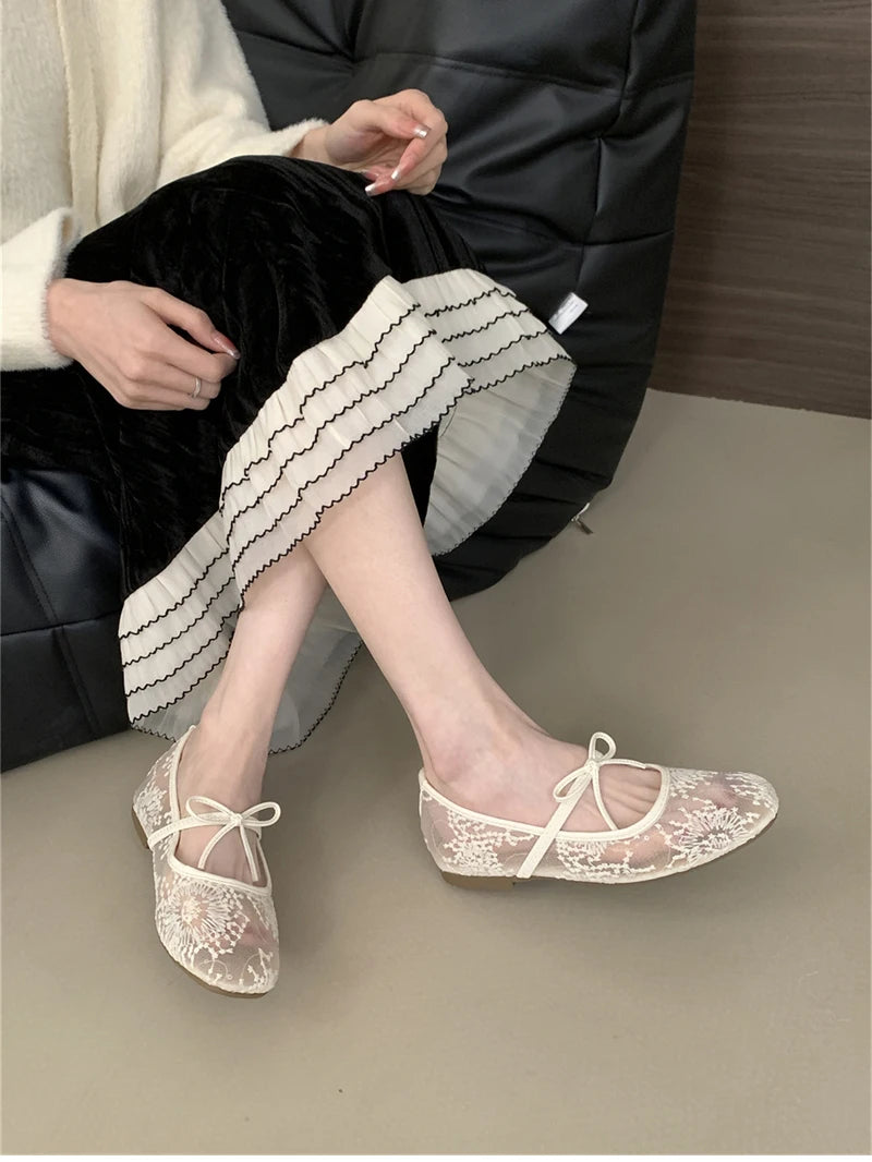 2025 Spring Lace Women Mary Jane Shoes Fashion Slip On Comfort Street Style Soft Sole Female Dress Flats Shoes