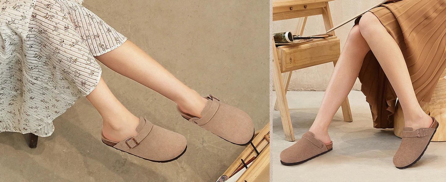 Crestar Women's Suede Clogs with Adjustable Strap Fashion Cork Footbed Genuine Leather Mules Outdoof New Slip on Potato Shoes