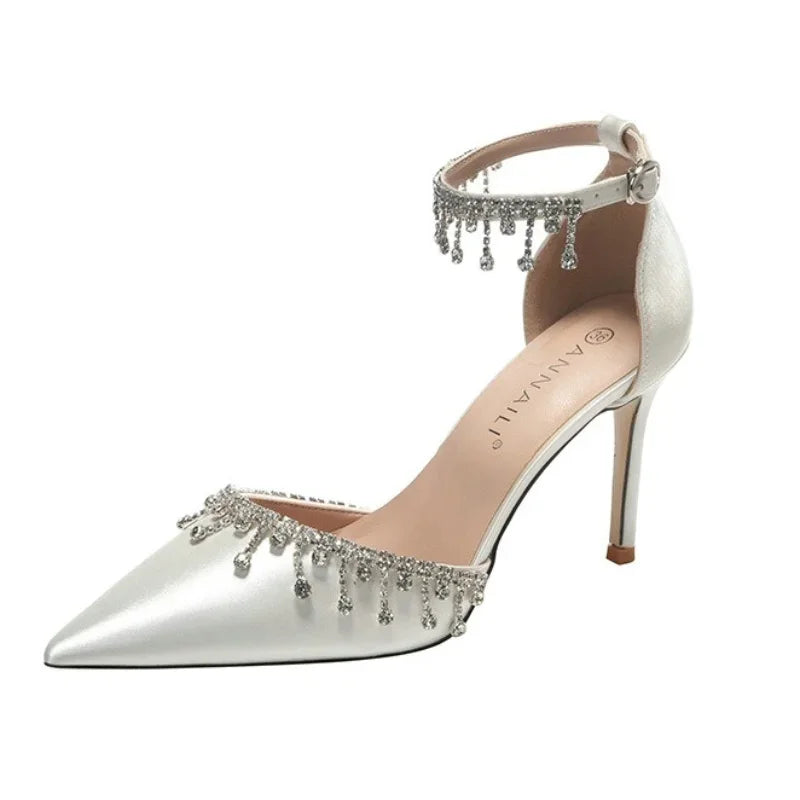 Comemore 2025 White Wedding Bridesmaid Shoes Satin Fashion Rhinestone Fringe Chain High Heels Black Temperament Elegance Pumps