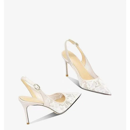 Brand Designer White Women Wedding Pumps Mesh Embroidered Flowers Back Strap Sexy Slingback High Heel Dress Shoes for Ladies