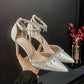 Comemore 2025 White Wedding Bridesmaid Shoes Satin Fashion Rhinestone Fringe Chain High Heels Black Temperament Elegance Pumps