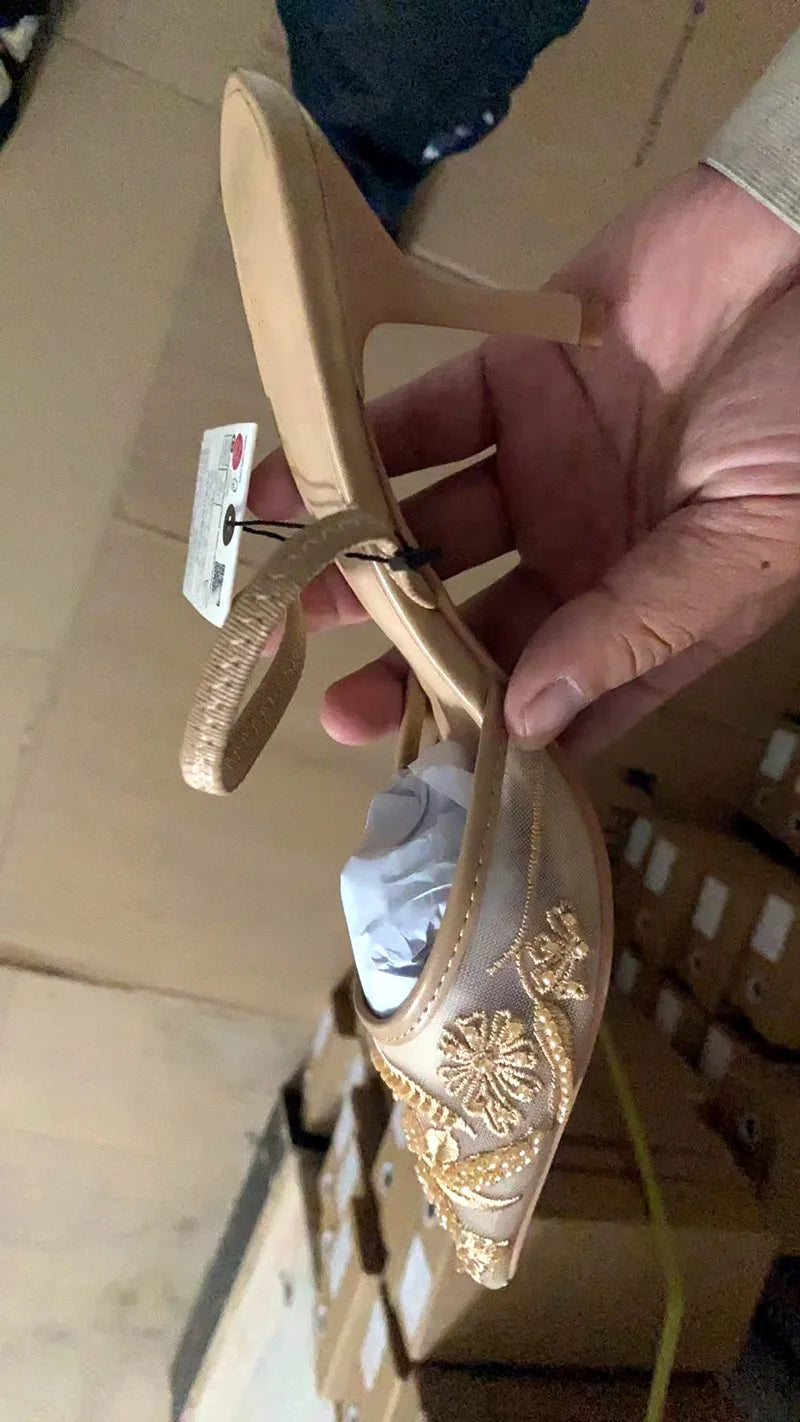 Luxury Mesh Embroidery High Heels Women Sexy Pointed Toe String Bead Slingback Heeled Sandals Summer Elegant Banquet Dress Shoes