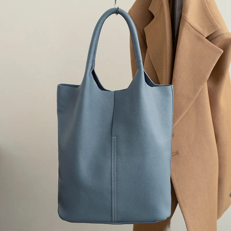 Genuine Leather Commuter Tote Bag Simple Ladies Soft Cowhide Tote Shoulder Handbag Large Capacity Women Bucket Bag 2025 New