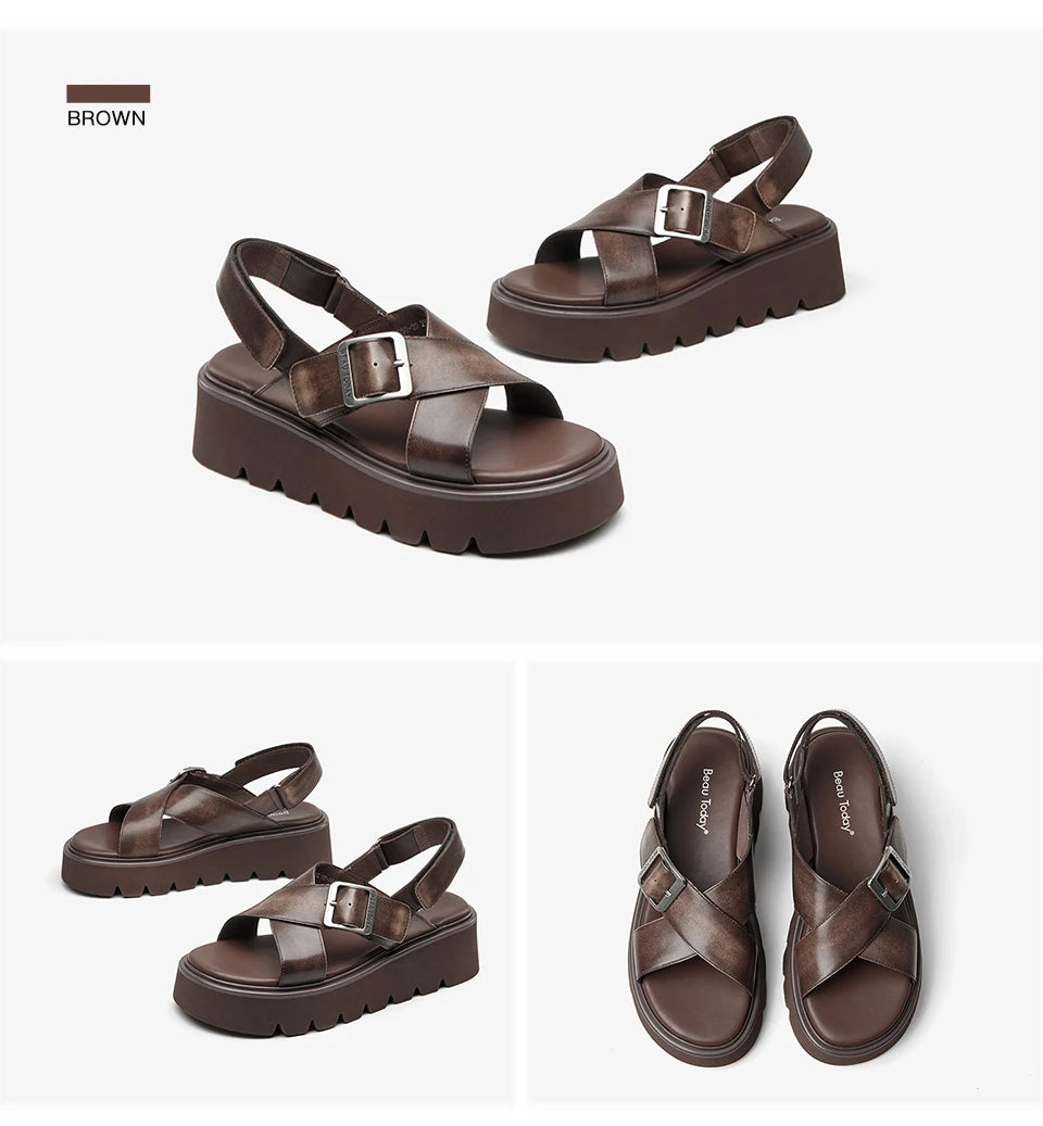 BEAUTODAY Platform Sandals Women Polished Cow Leather Open Toe Cross-tied Solid Metal Strap Summer Ladies Shoes Handmade 38250
