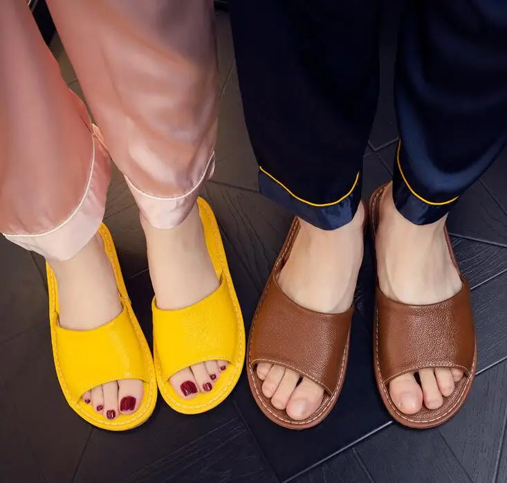 Genuine Leather Slippers Homes in indoor slipper summer open toe sandals men women elderly casual Slides shoes