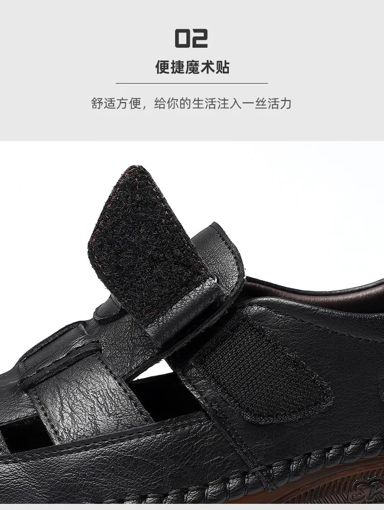 Leather Sandals Baotou 2025 Summer New Genuine Leather Breathable Hollow Porous Shoes Men's Tendon Soft Bottom Middle-Aged Dad S